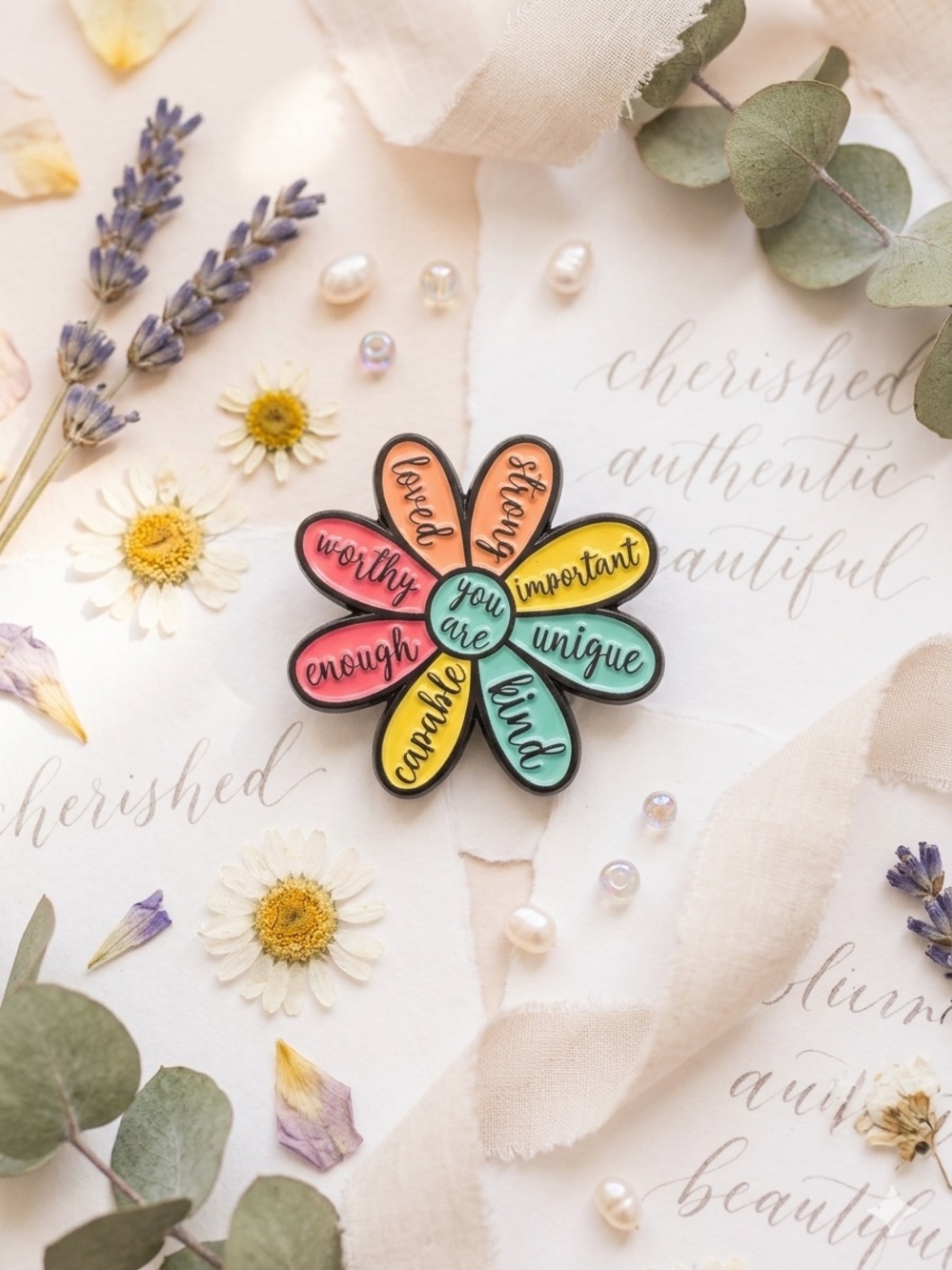 Inspirational Daisy Enamel Pin - Multicolor Positive Word Petals